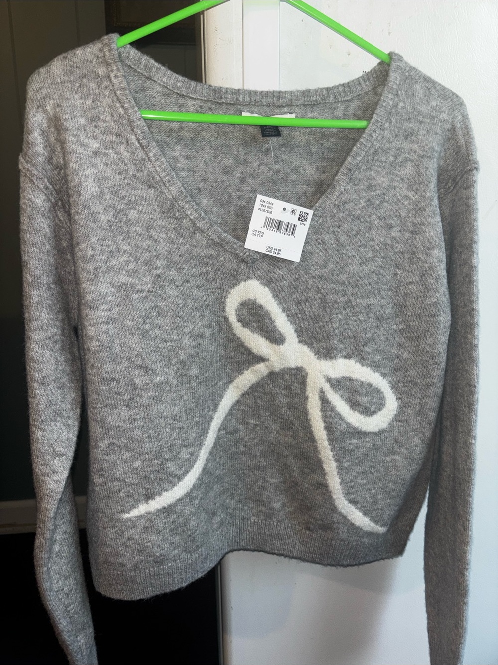American Eagle Outfitters Gray V-Neck Sweater with White Bow